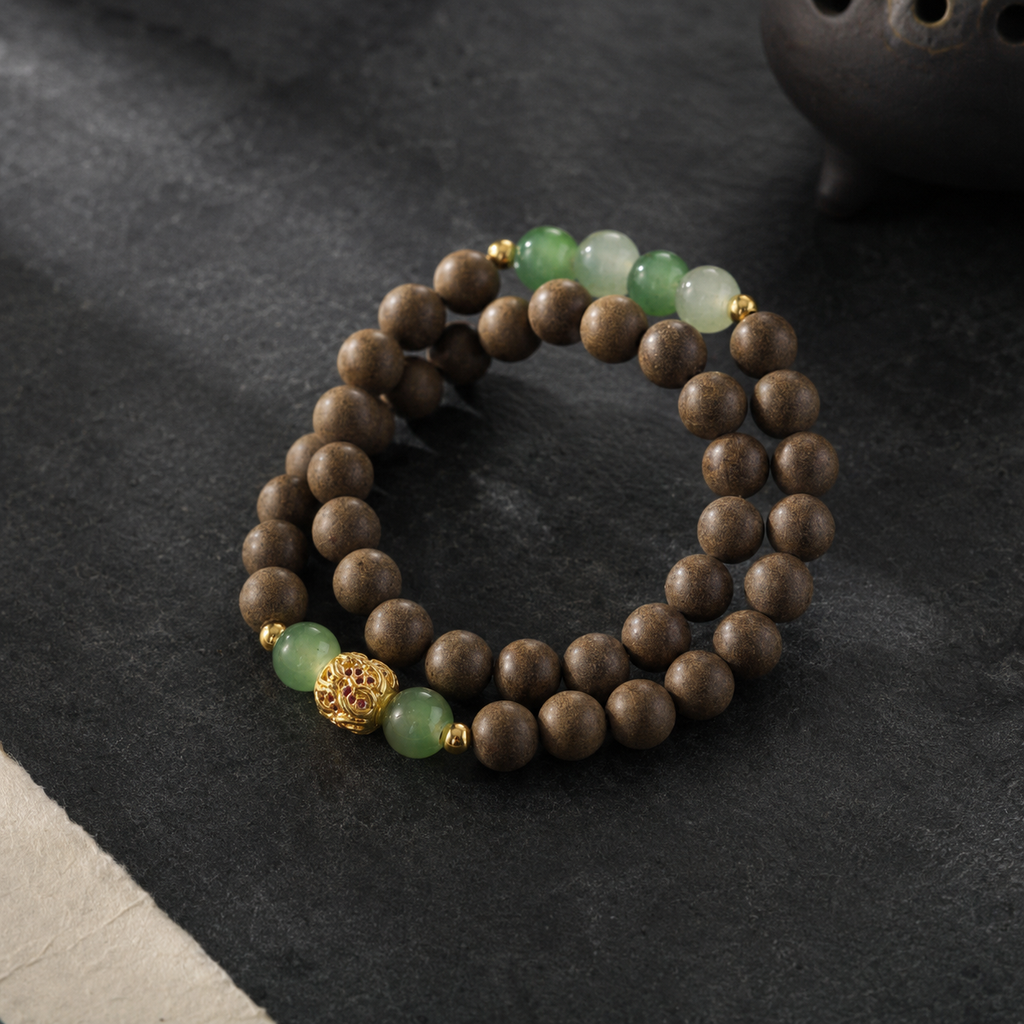 Double-wrap brown He Xiang bracelet with translucent green beads and a gold-toned openwork focal bead