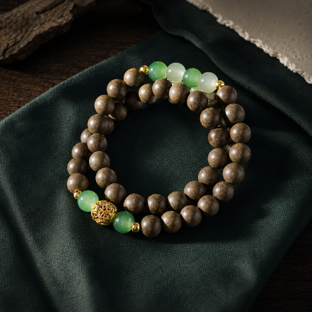 Double-wrap brown He Xiang bracelet with translucent green beads and a gold-toned openwork focal bead