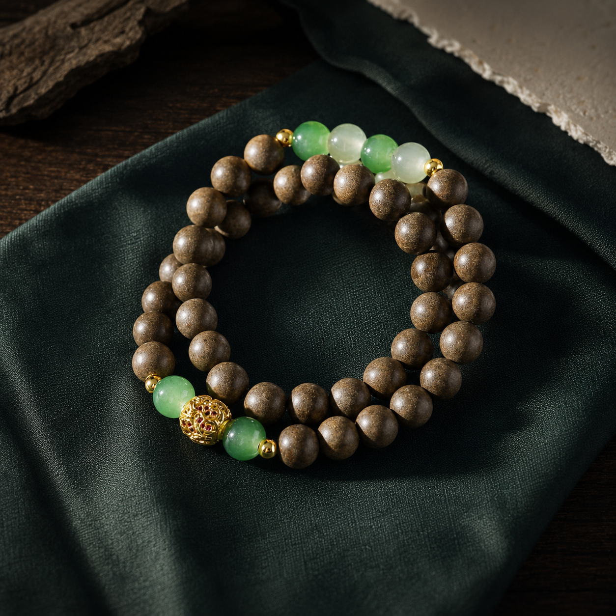 Double-wrap brown He Xiang bracelet with translucent green beads and a gold-toned openwork focal bead