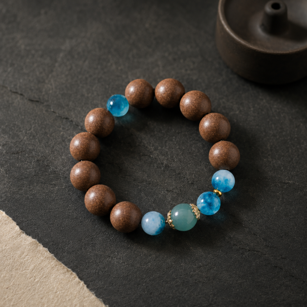 Brown He Xiang bracelet with water-blue chalcedony accents, gold-toned details and a blue jade-style bead