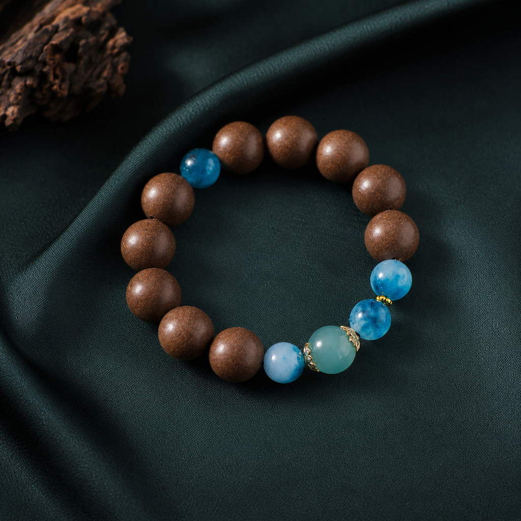 Brown He Xiang bracelet with water-blue chalcedony accents, gold-toned details and a blue jade-style bead