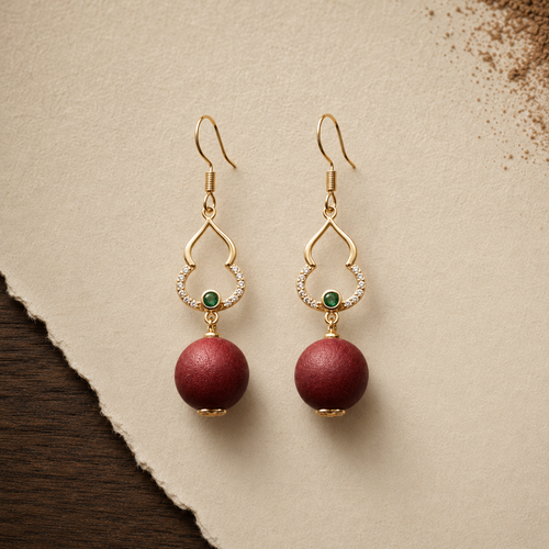 Deep rose He Xiang bead drop earring with a gold-toned openwork hook and a small green accent
