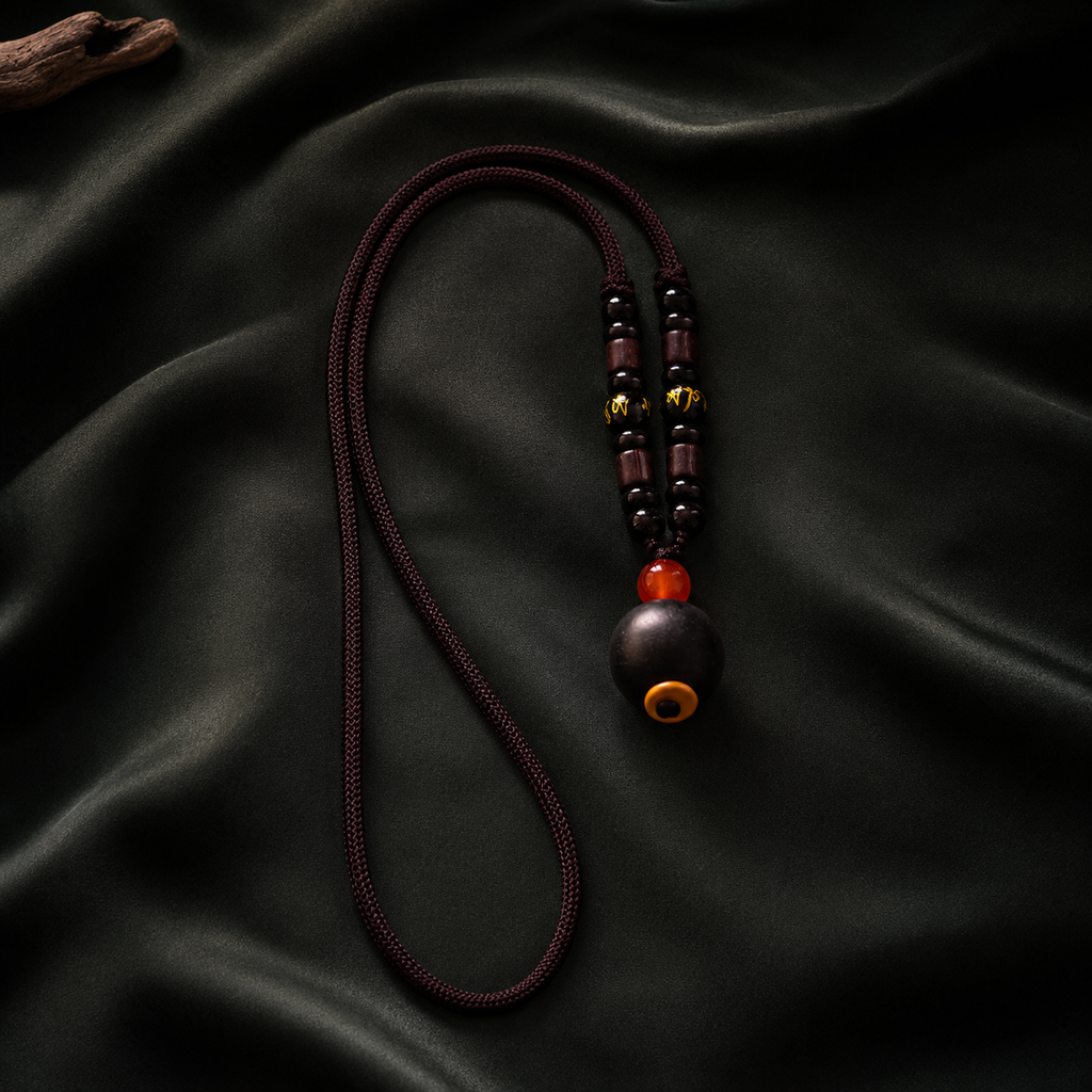 Dark braided He Xiang pendant necklace with a single aromatic bead, plum accents and an orange-red spacer