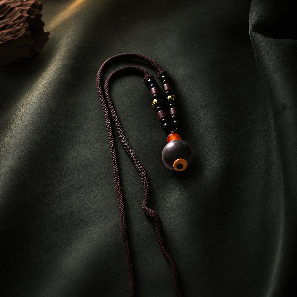 Dark braided He Xiang pendant necklace with a single aromatic bead, plum accents and an orange-red spacer