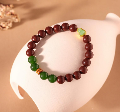 "Ruyi Treasure" Red Sandalwood Calming Bracelet | 7A Hetian Jade & Gourd Charm
