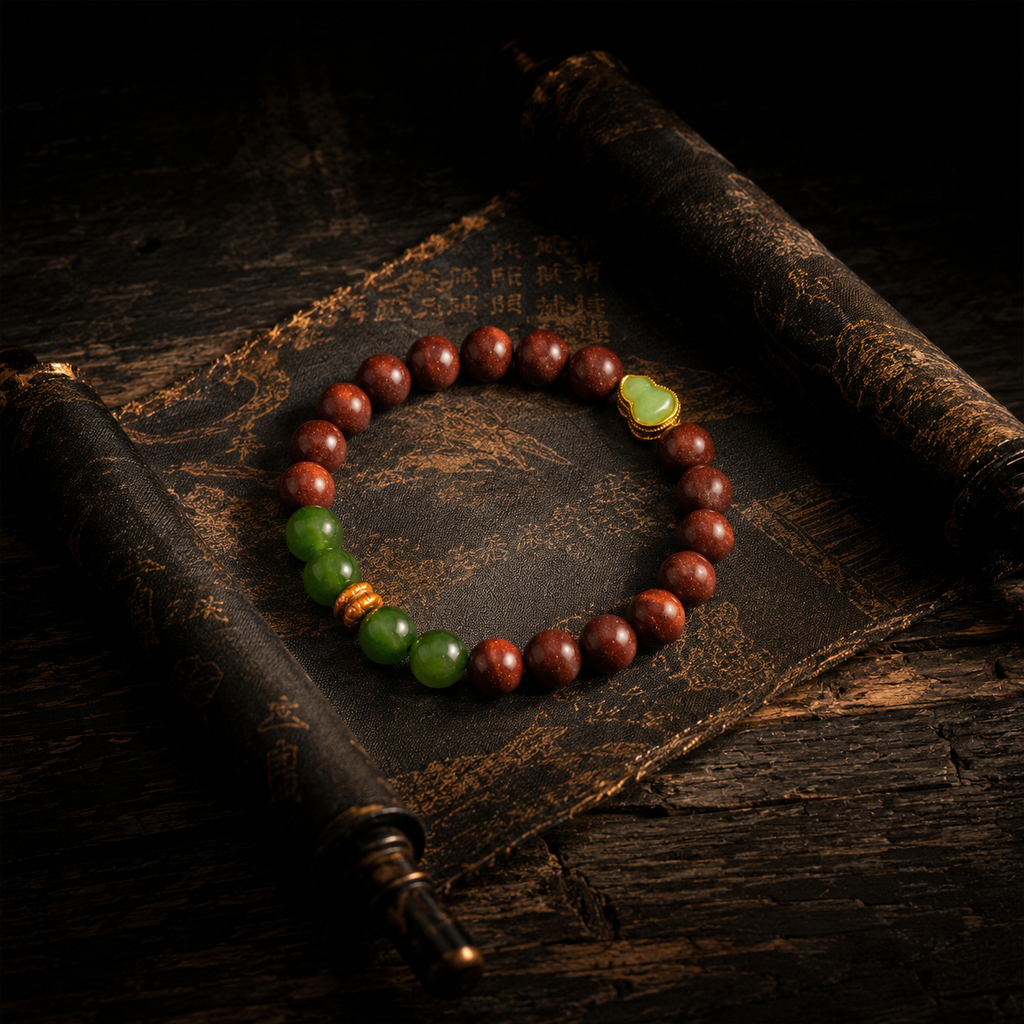 "Ruyi Treasure" Red Sandalwood Calming Bracelet | 7A Hetian Jade & Gourd Charm
